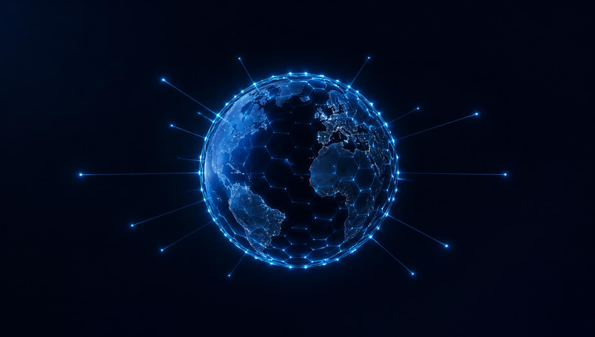 Globo terrestre envolto em uma malha hexagonal de grafeno luminosa