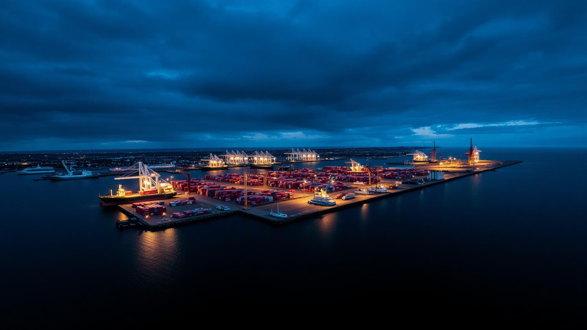 Vista aérea do porto de águas profundas com terminal industrial ao entardecer