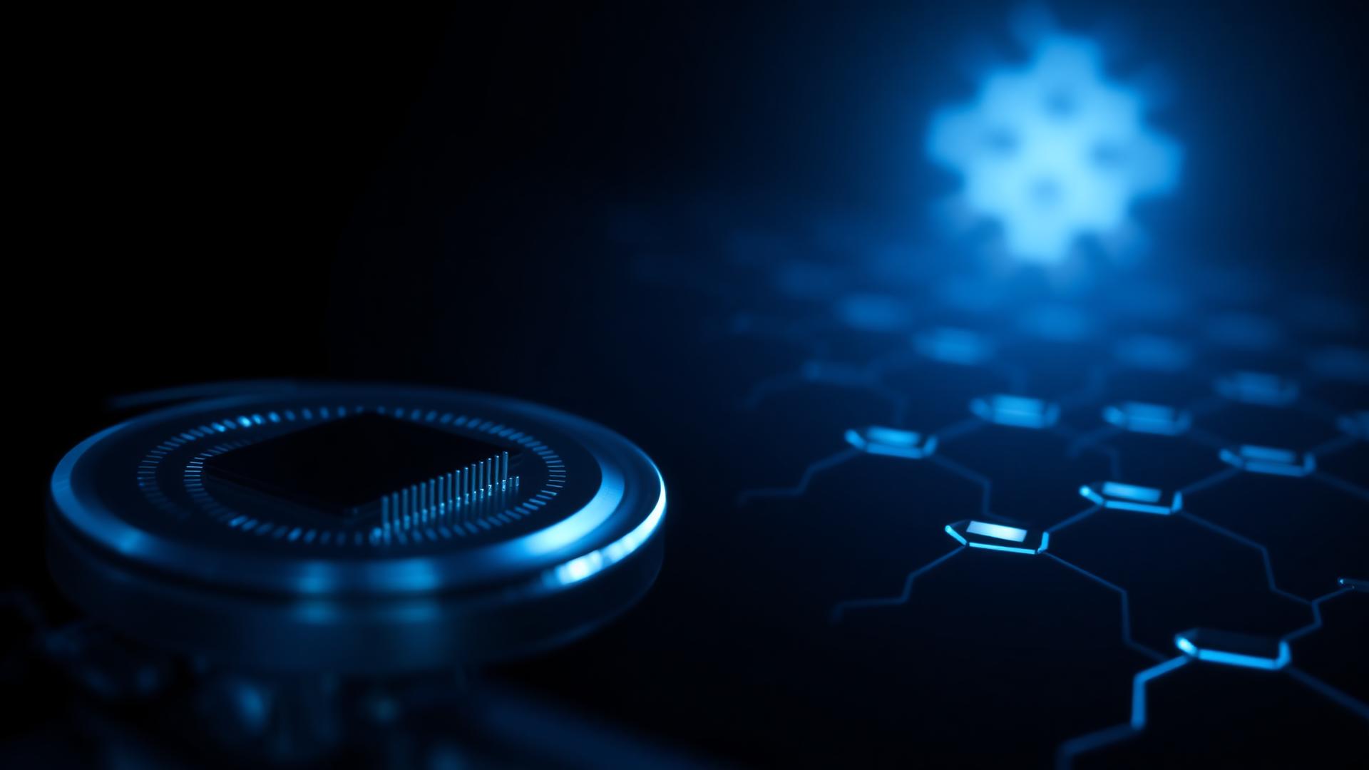 Chip de silício ao lado de uma rede hexagonal de grafeno iluminada